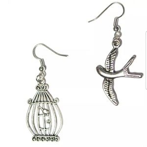 Mismatched Silver Earrings set Swallow & Birdcage